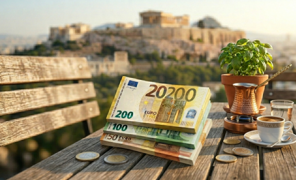 Στοίβες ευρώ και κέρματα σε ξύλινο τραπέζι με φόντο την Ακρόπολη, συμβολίζοντας την πρόωρη αποπληρωμή χρέους.