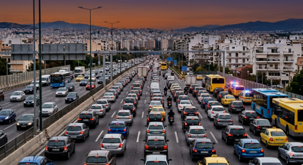 Οχήματα σε ακινητοποιημένη κίνηση σε αυτοκινητόδρομο, αναδεικνύοντας το χρόνιο κυκλοφοριακό πρόβλημα.