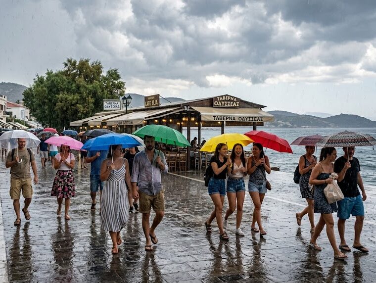 Πεζοί με ομπρέλες περπατούν σε παραθαλάσσιο δρόμο κατά τη διάρκεια έντονης βροχόπτωσης, με την ΕΜΥ να έχει εκδώσει "κόκκινο συναγερμό".