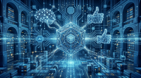 Digital network connecting brain, AI chip, and thumbs-up icons in futuristic server room - paron.gr