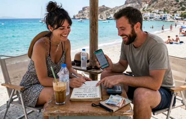 Couple sitting at a beachside table planning budget with notebook, calculator, and smartphone