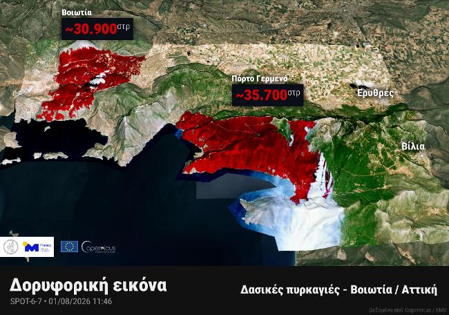 Πυρκαγιές σε Βοιωτία και Πόρτο Γερμενό: Πάνω από 66.000 στρέμματα στάχτη – προκαταρκτική εκτίμηση meteo