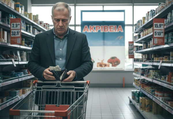 Άνδρας με άδειο πορτοφόλι στο σούπερ μάρκετ, συμβολίζοντας τη δυσκολία της μεσαίας οικογένειας με την ακρίβεια.