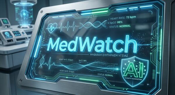 Οθόνη MedWatch με ενδείξεις ζωτικών λειτουργιών και λογότυπο τεχνητής νοημοσύνης, αναδεικνύοντας την ψηφιακή επίτηρηση υγείας.