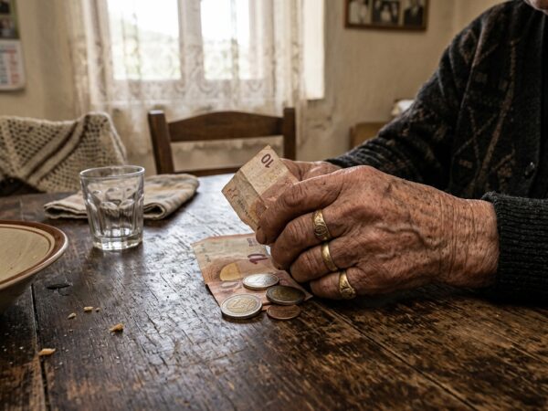 Χέρια ηλικιωμένου ατόμου μετράνε χαρτονομίσματα και κέρματα, απεικονίζοντας την εξαθλίωση και τις συντάξεις.