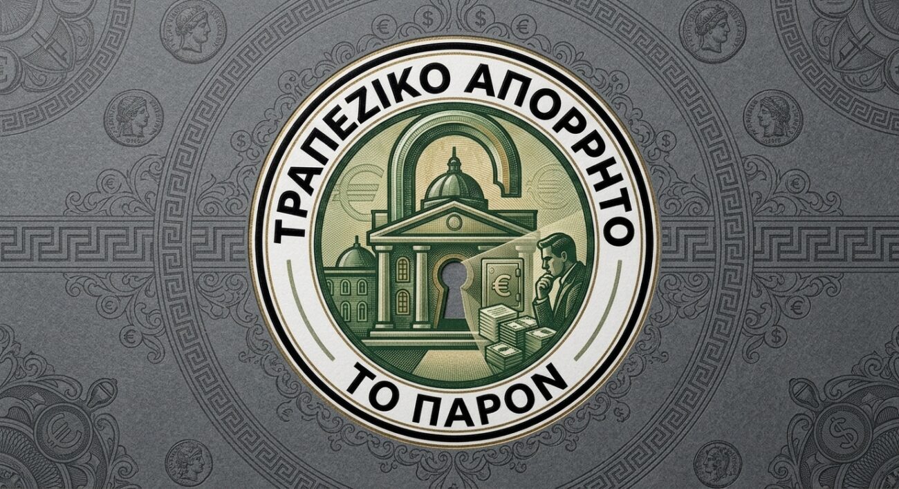 Σήμα της Alpha Bank με τίτλο "Τραπεζικό Απόρρητο" και αναφορές σε χρήμα και ασφάλεια.
