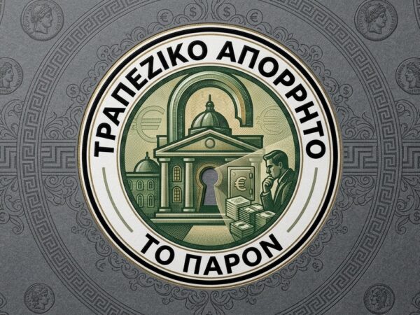 Σήμα της Alpha Bank με τίτλο "Τραπεζικό Απόρρητο" και αναφορές σε χρήμα και ασφάλεια.