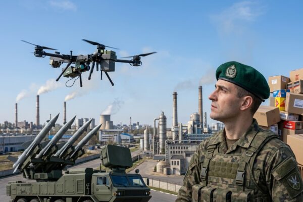 Στρατιωτικό όχημα με πυραύλους, drone και στρατιώτης μπροστά από βιομηχανικό συγκρότημα, ενόψει νέων μέτρων για την άμυνα.