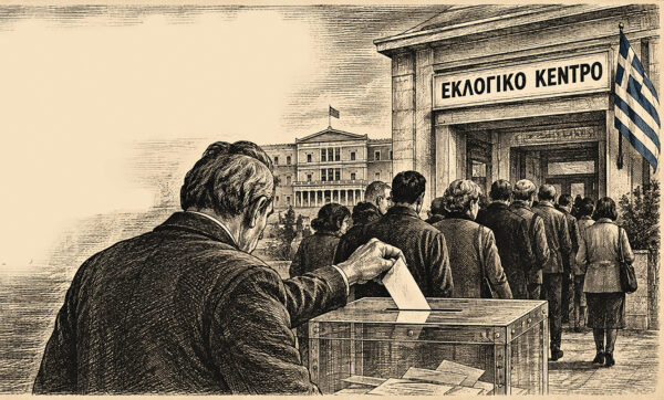Πολίτες σχηματίζουν ουρά έξω από εκλογικό κέντρο για να ψηφίσουν, με φόντο το Κοινοβούλιο.
