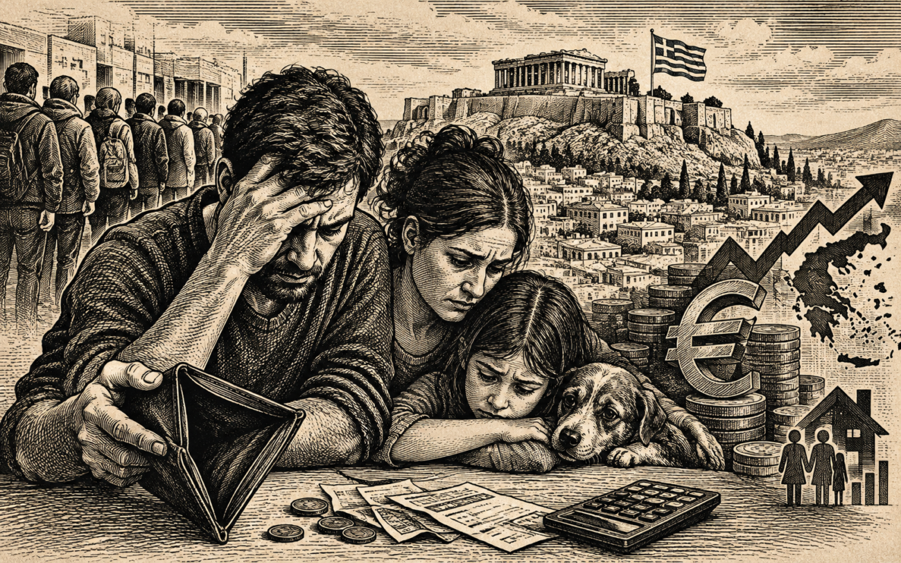 Οικογένεια αντιμετωπίζει οικονομικές δυσκολίες στην Ελλάδα, με φόντο την Ακρόπολη και αρνητικούς δείκτες.