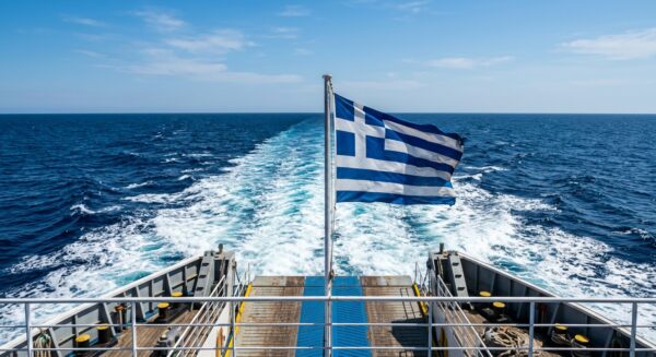 Ελληνική σημαία κυματίζει σε πλοίο που ταξιδεύει στα ανοιχτά, αφήνοντας πίσω του αφρούς στο γαλάζιο πέλαγος.