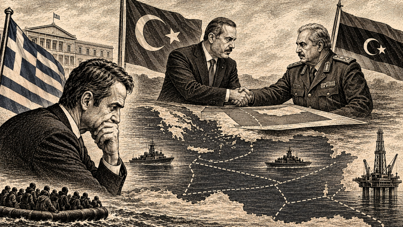 Σύνθεση που απεικονίζει την ελληνική διπλωματία, το τουρκολιβυκό μνημόνιο και τις γεωπολιτικές εξελίξεις στην περιοχή.