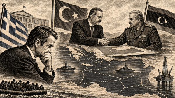 Σύνθεση που απεικονίζει την ελληνική διπλωματία, το τουρκολιβυκό μνημόνιο και τις γεωπολιτικές εξελίξεις στην περιοχή.