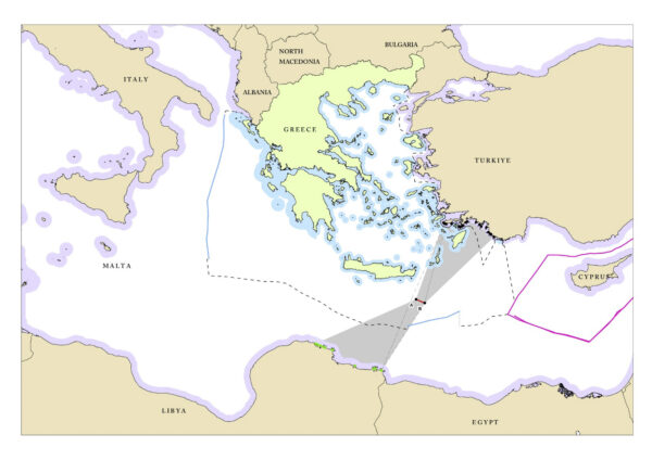 Χάρτης που δείχνει την περιοχή της Ανατολικής Μεσογείου και τις θαλάσσιες ζώνες που αφορούν τη διπλωματική σύγκρουση Ελλάδας – Τουρκίας για το τουρκολιβυκό μνημόνιο.