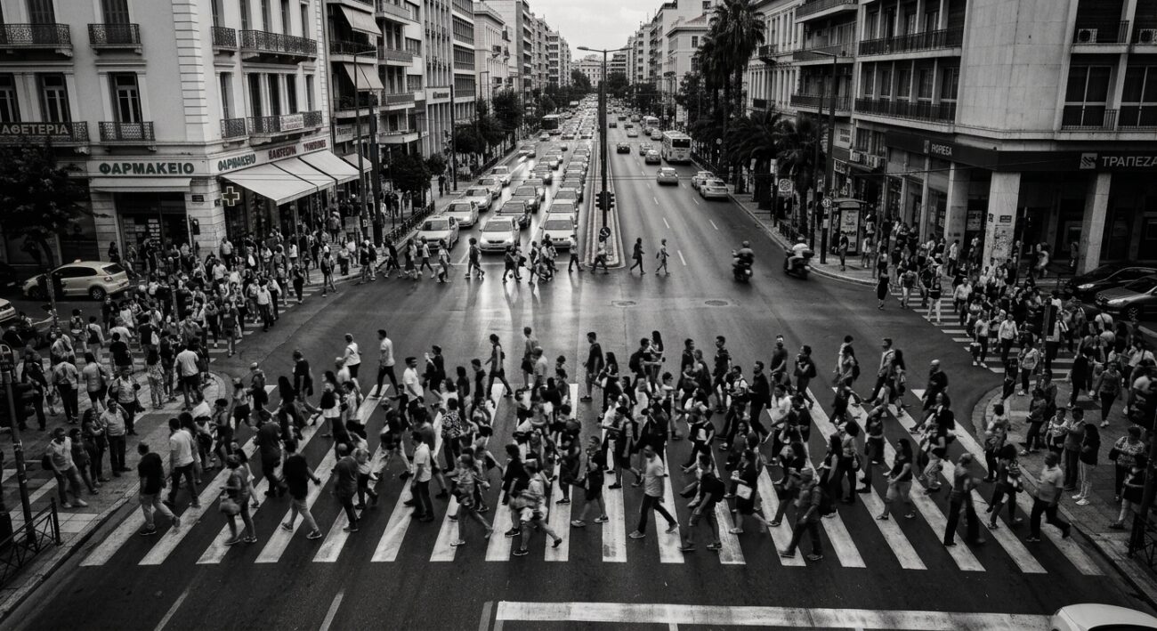Πλήθος κόσμου διασχίζει τον δρόμο σε μια πολυσύχναστη αστική περιοχή, με αυτοκίνητα και κτίρια να διακρίνονται στο βάθος.